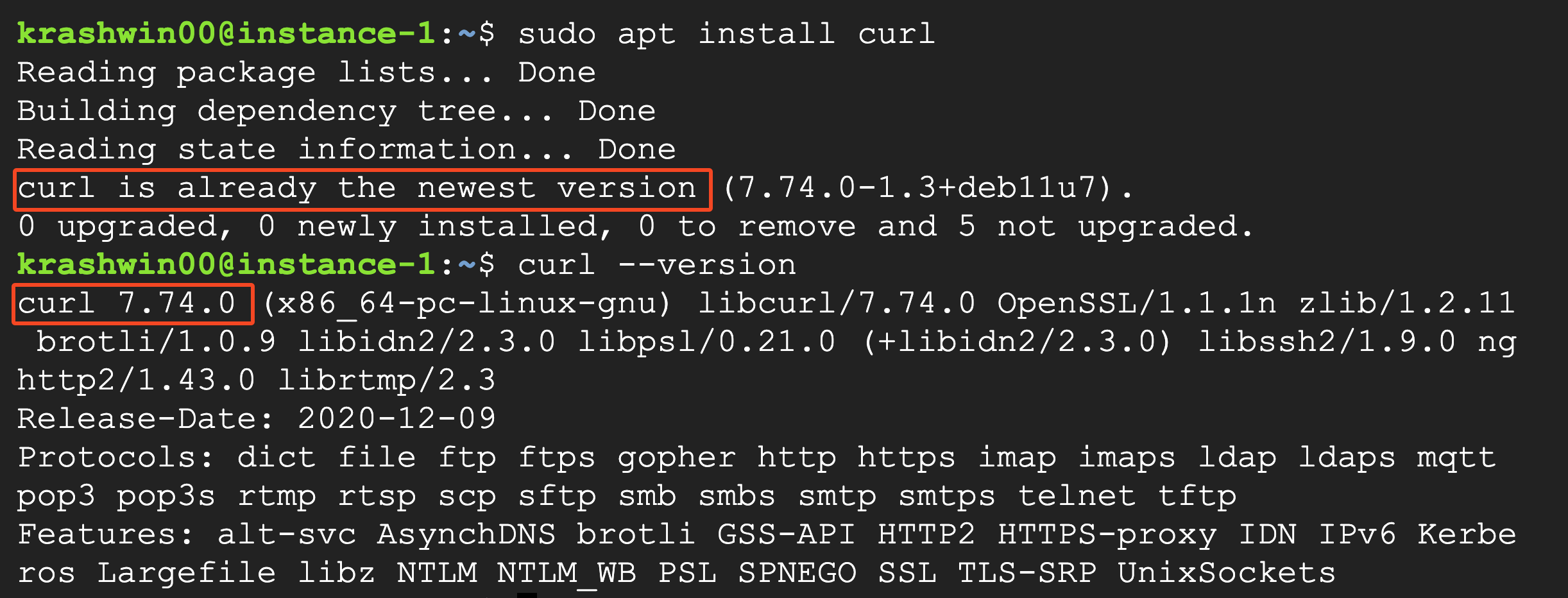 apt install curl and curl &ndash;version
